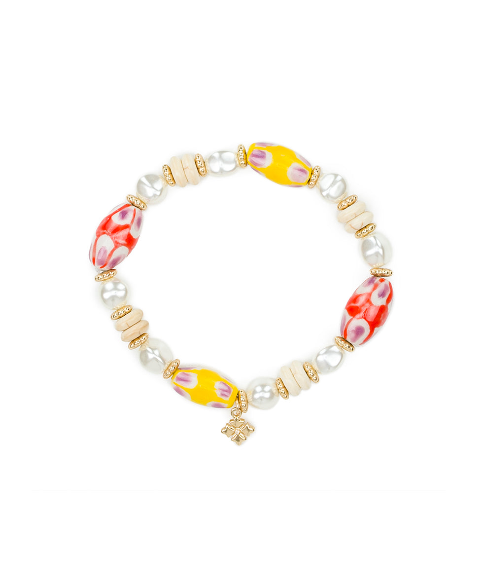 Female - Orange and Yellow Bead Stretch Bracelet - Ceramic Bead - matte gold - by Patricia Nash - View 1 of 3