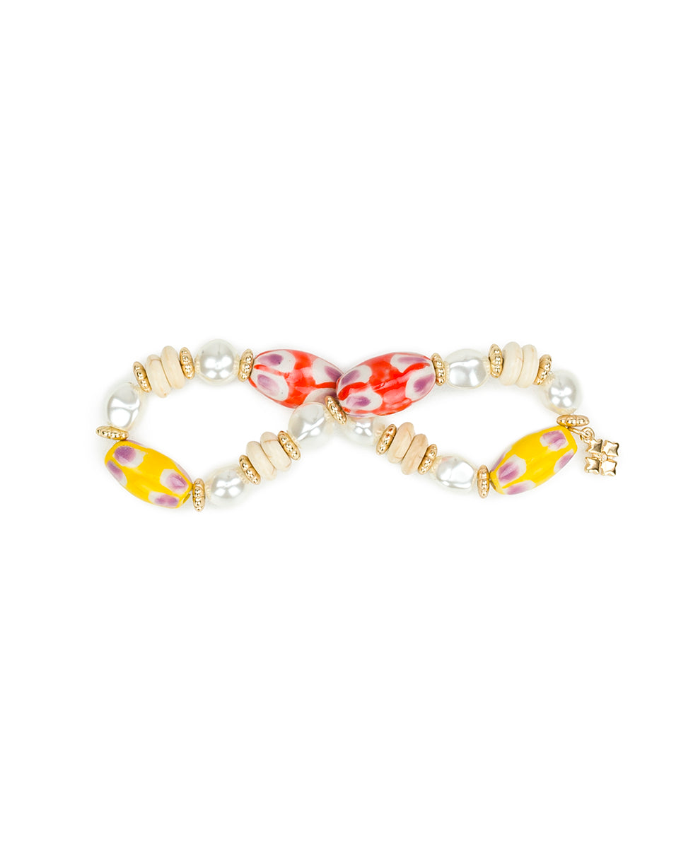 Female - Orange and Yellow Bead Stretch Bracelet - Ceramic Bead - matte gold - by Patricia Nash - View 2 of 3