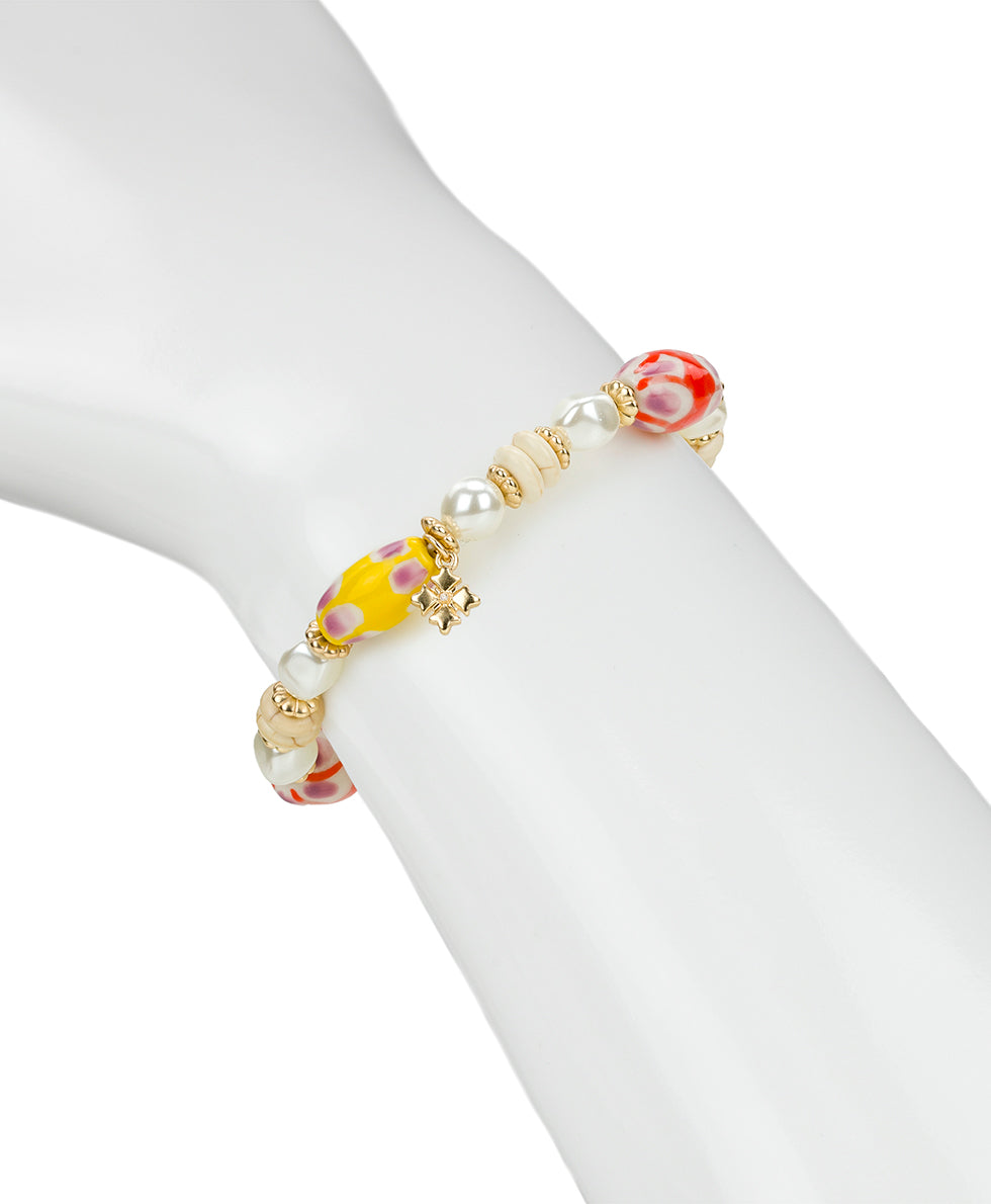 Female - Orange and Yellow Bead Stretch Bracelet - Ceramic Bead - matte gold - by Patricia Nash - View 3 of 3