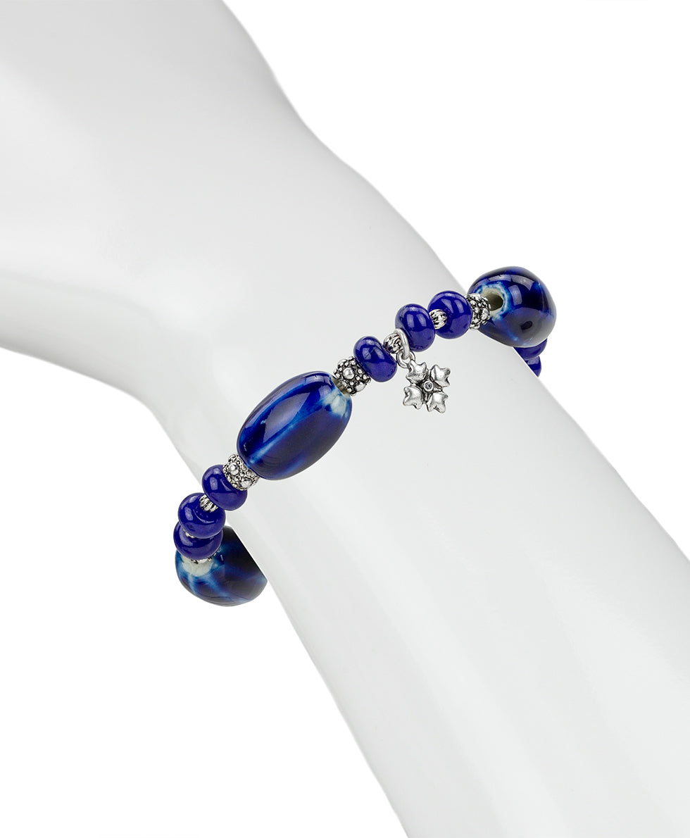 Female - Blue Textured Stretch Bracelet - Ceramic Bead - silver ox - by Patricia Nash - View 3 of 3