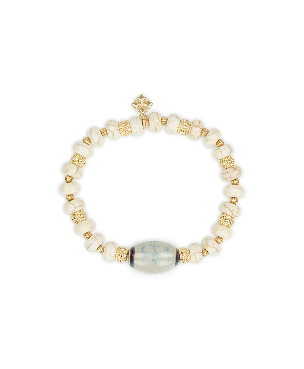 Female - Teal Bead Stretch Bracelet - Ceramic Bead - matte gold - by Patricia Nash - View 1 of 3