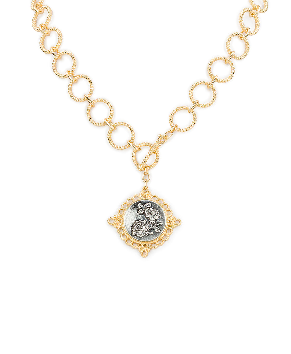 Female - Toggle Necklace - Carved Metal Rose - matte gold / silver ox - by Patricia Nash - View 1 of 4