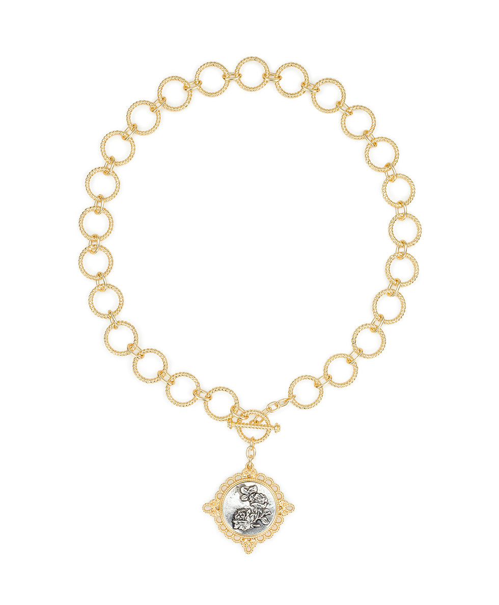 Female - Toggle Necklace - Carved Metal Rose - matte gold / silver ox - by Patricia Nash - View 2 of 4