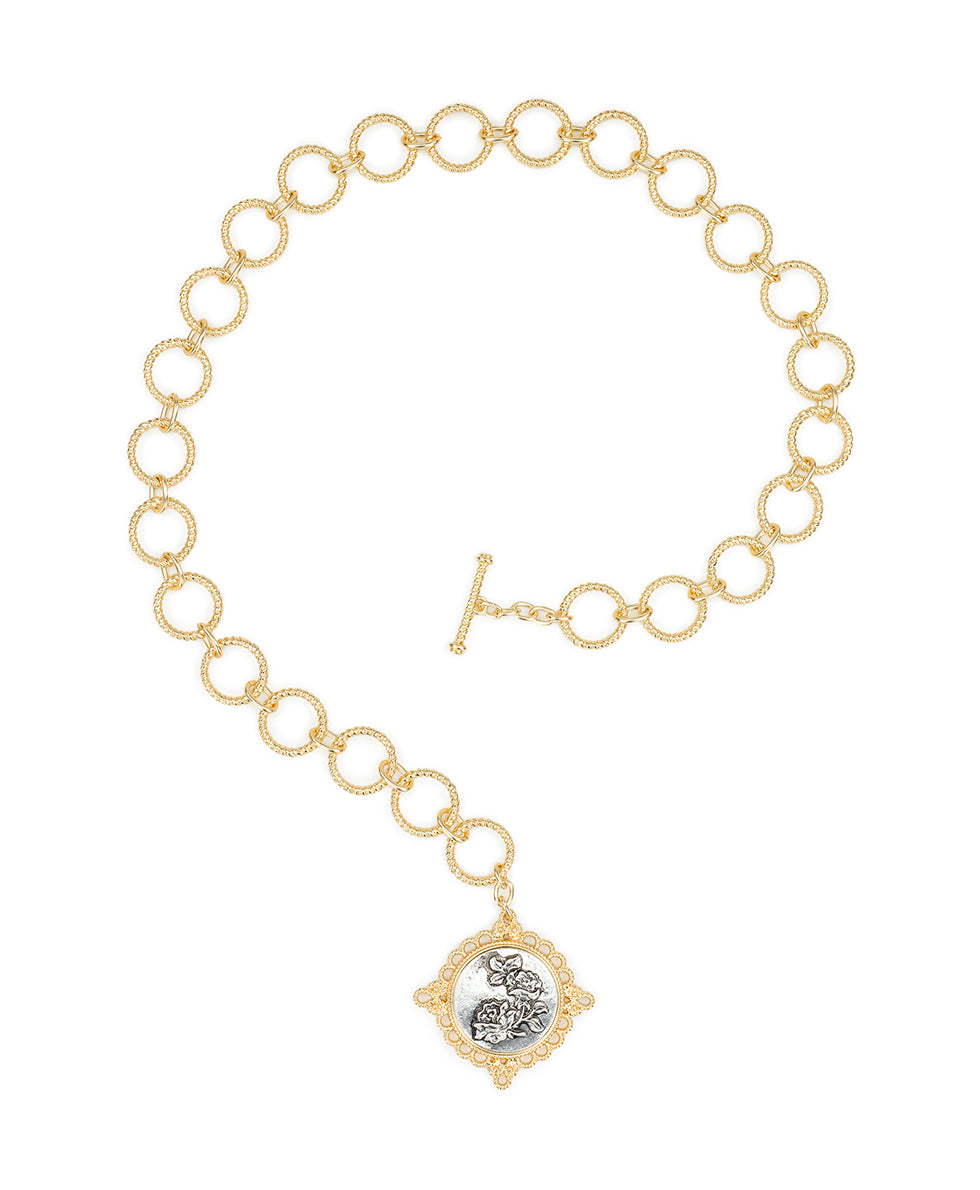 Female - Toggle Necklace - Carved Metal Rose - matte gold / silver ox - by Patricia Nash - View 3 of 4