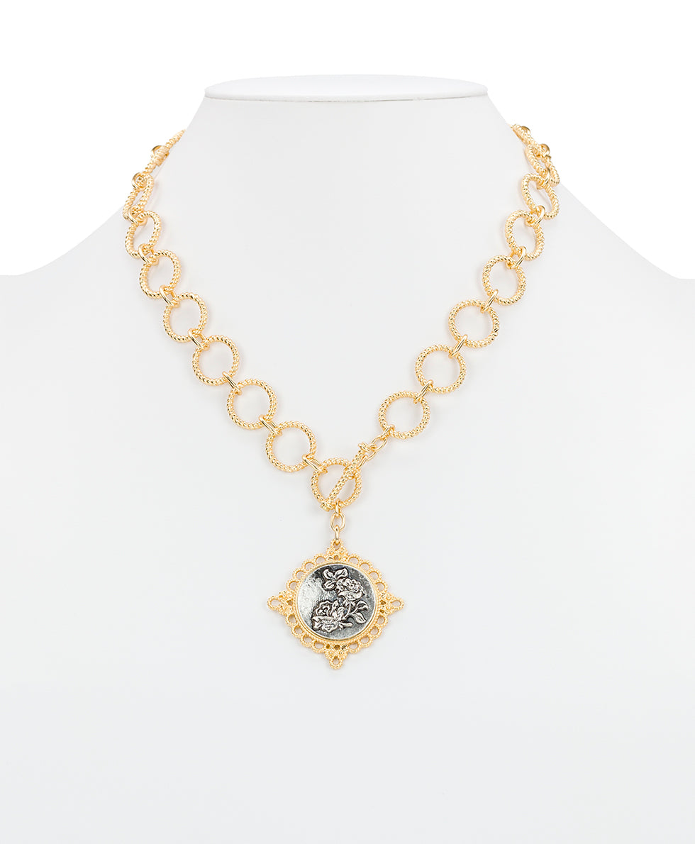 Female - Toggle Necklace - Carved Metal Rose - matte gold / silver ox - by Patricia Nash - View 4 of 4