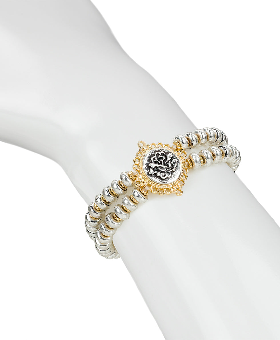 Female - Double Stretch Bracelet - Carved Metal Rose - matte gold / silver ox - by Patricia Nash - View 2 of 2