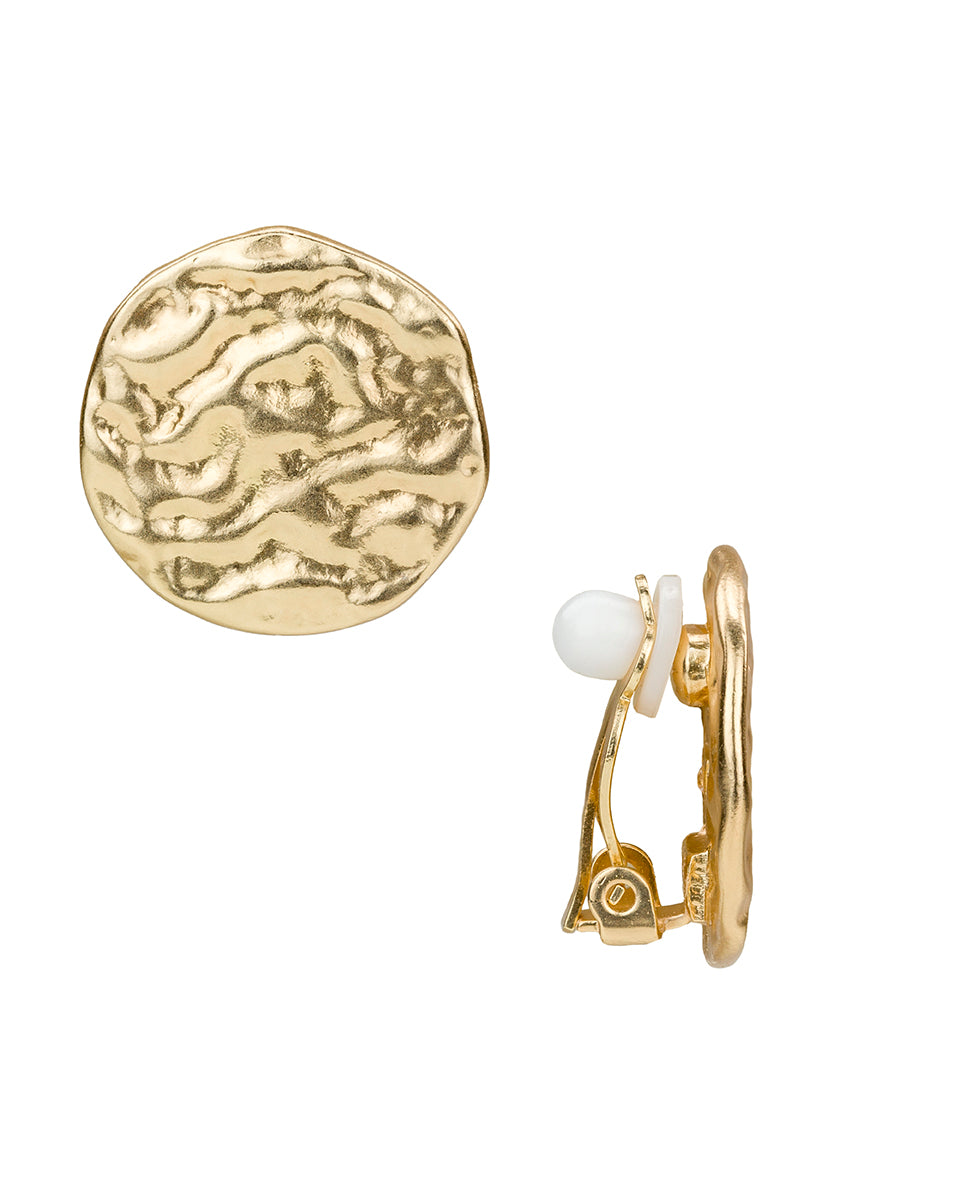 Female - Button Clip-on Earrings - Hammered Link - matte gold - by Patricia Nash - View 1 of 2