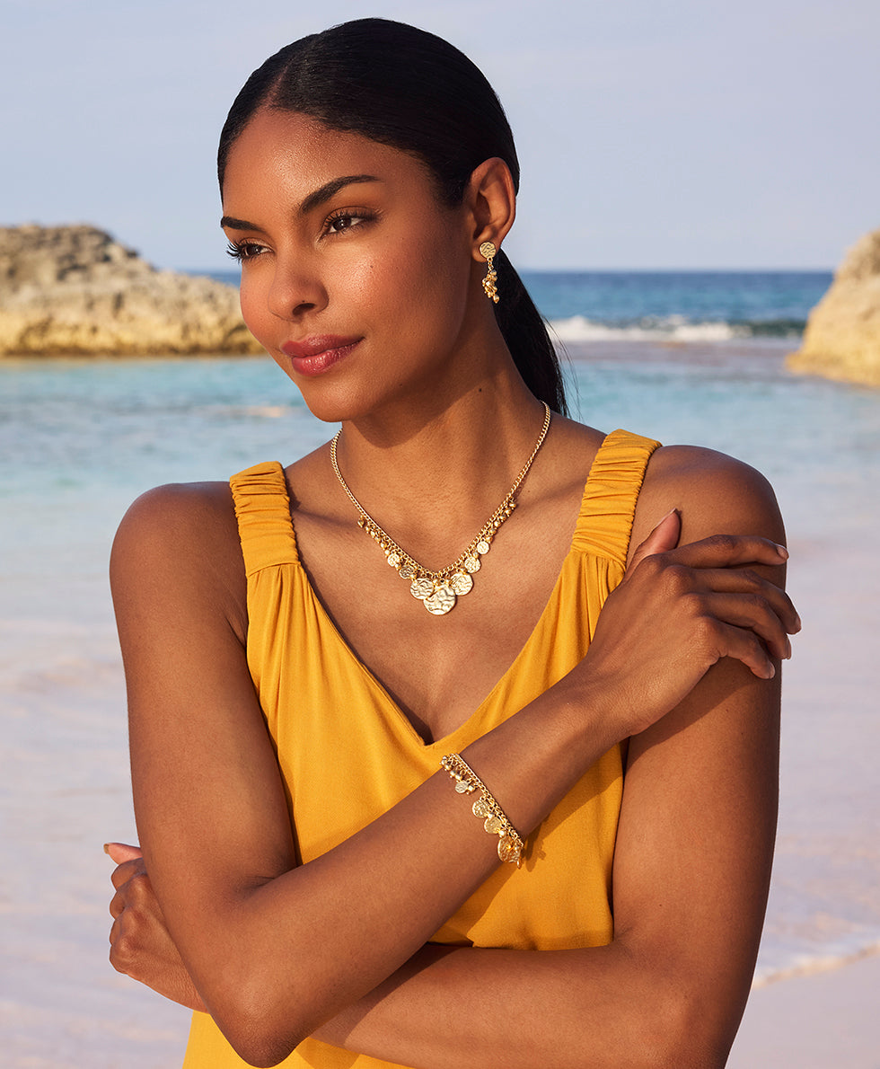 Female - Multi-Charm Necklace - Hammered Link - matte gold - by Patricia Nash - View 4 of 4