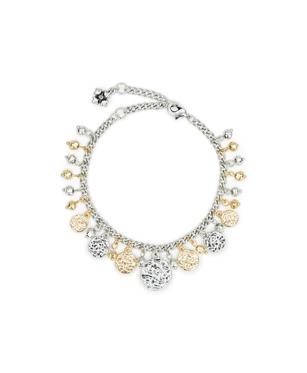 Female - Multi Charm Bracelet - Hammered Link - silver ox / matte gold - by Patricia Nash - View 1 of 2