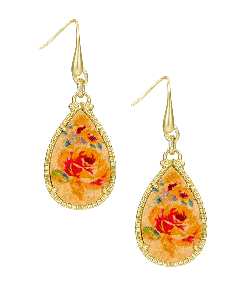 Female - Tear Drop Earrings - Leather Inset ‑ Aegean Blooms Spot Print - egyptian gold - by Patricia Nash - View 1 of 2