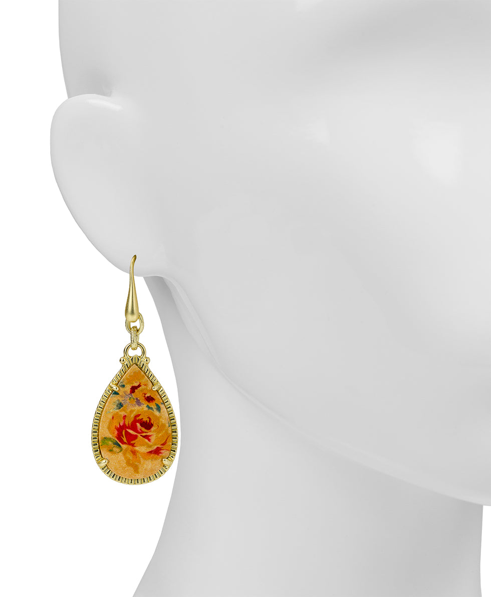 Female - Tear Drop Earrings - Leather Inset ‑ Aegean Blooms Spot Print - egyptian gold - by Patricia Nash - View 2 of 2