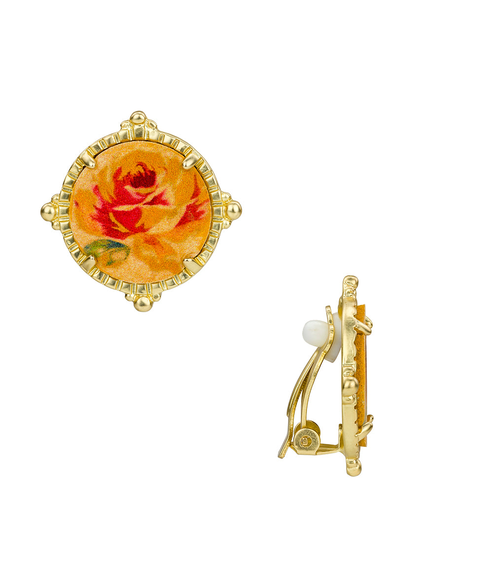 Female - Round Button Earrings - Leather Inset ‑ Aegean Blooms Spot Print - egyptian gold - by Patricia Nash - View 1 of 2