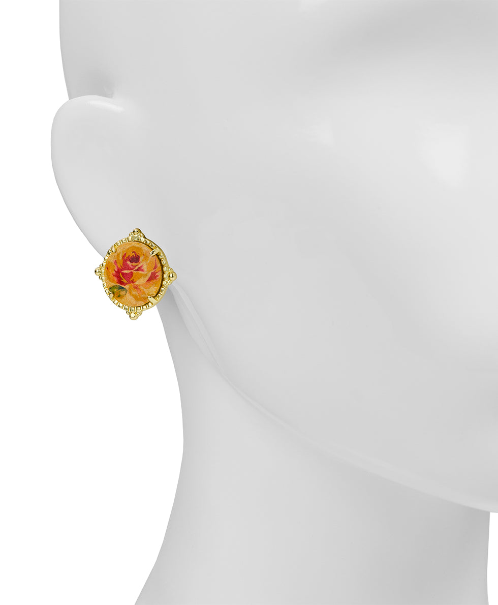Female - Round Button Earrings - Leather Inset ‑ Aegean Blooms Spot Print - egyptian gold - by Patricia Nash - View 2 of 2