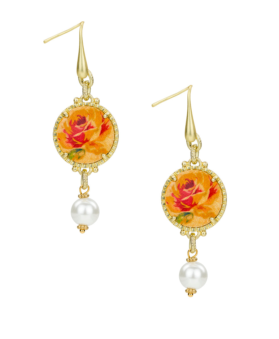 Female - Round Drop Earrings with - Leather Inset ‑ Aegean Blooms Spot Print - egyptian gold - by Patricia Nash - View 1 of 3