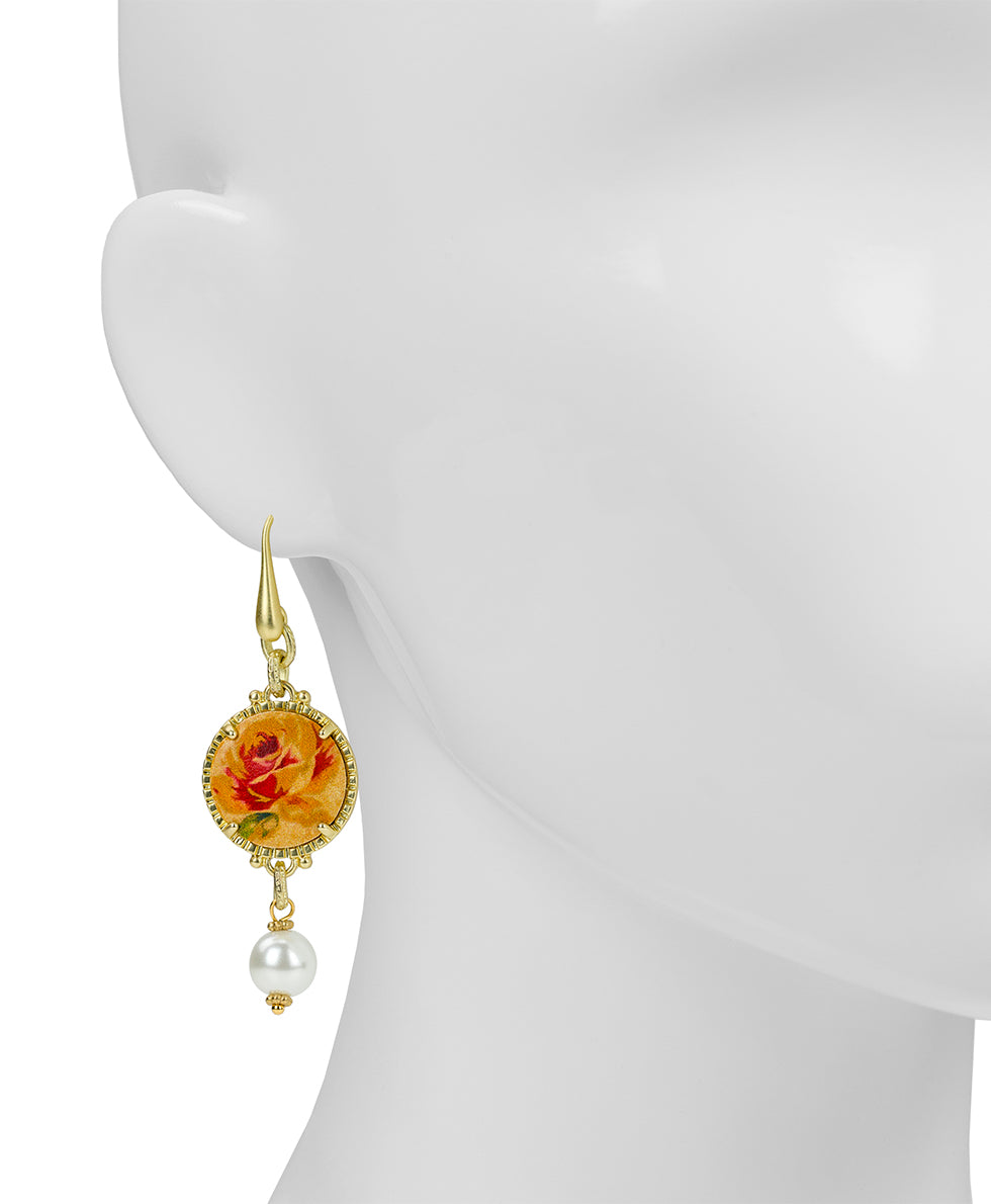 Female - Round Drop Earrings with - Leather Inset ‑ Aegean Blooms Spot Print - egyptian gold - by Patricia Nash - View 2 of 3