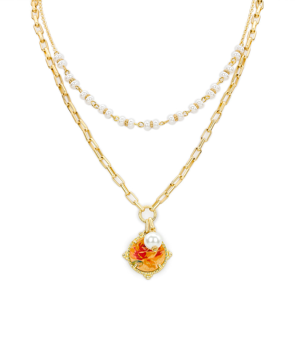 Female - Double Strand Necklace - Leather Inset ‑ Aegean Blooms Spot Print - egyptian gold - by Patricia Nash - View 1 of 5