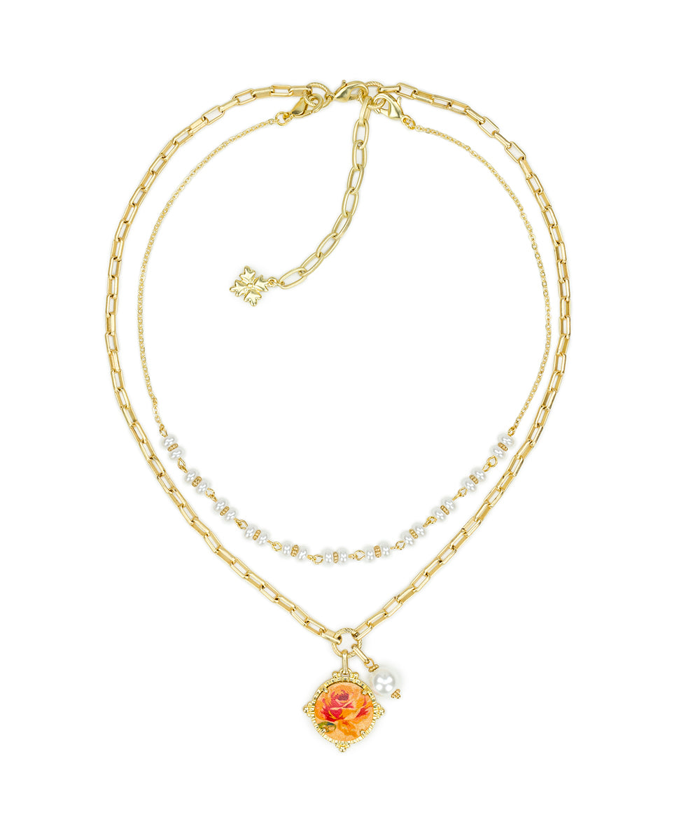 Female - Double Strand Necklace - Leather Inset ‑ Aegean Blooms Spot Print - egyptian gold - by Patricia Nash - View 2 of 5