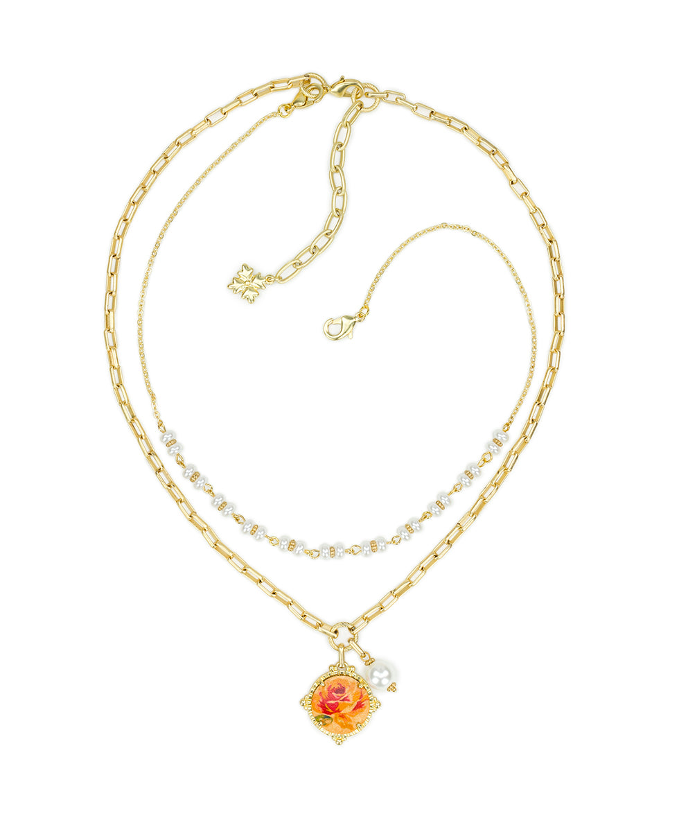Female - Double Strand Necklace - Leather Inset ‑ Aegean Blooms Spot Print - egyptian gold - by Patricia Nash - View 3 of 5