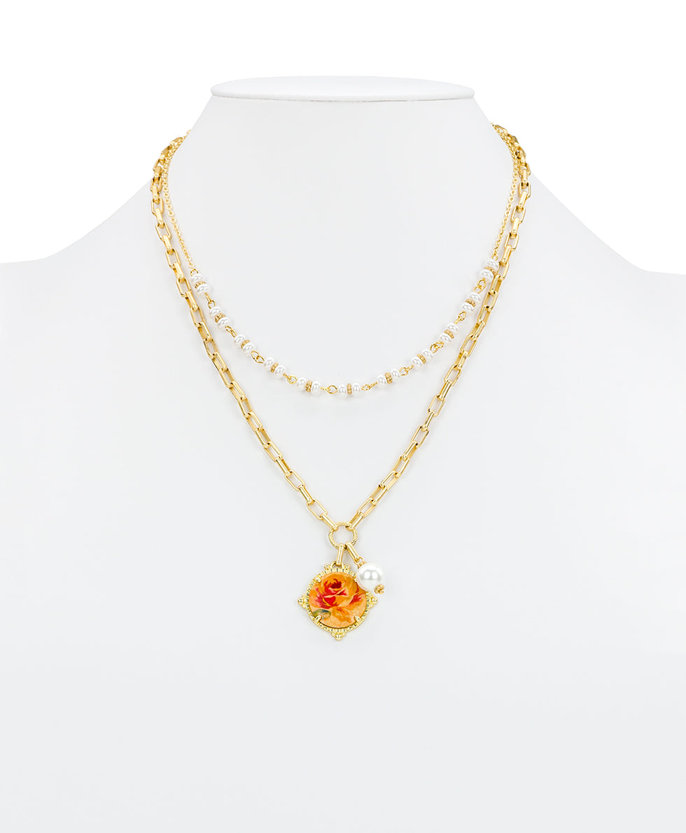 Female - Double Strand Necklace - Leather Inset ‑ Aegean Blooms Spot Print - egyptian gold - by Patricia Nash - View 4 of 5