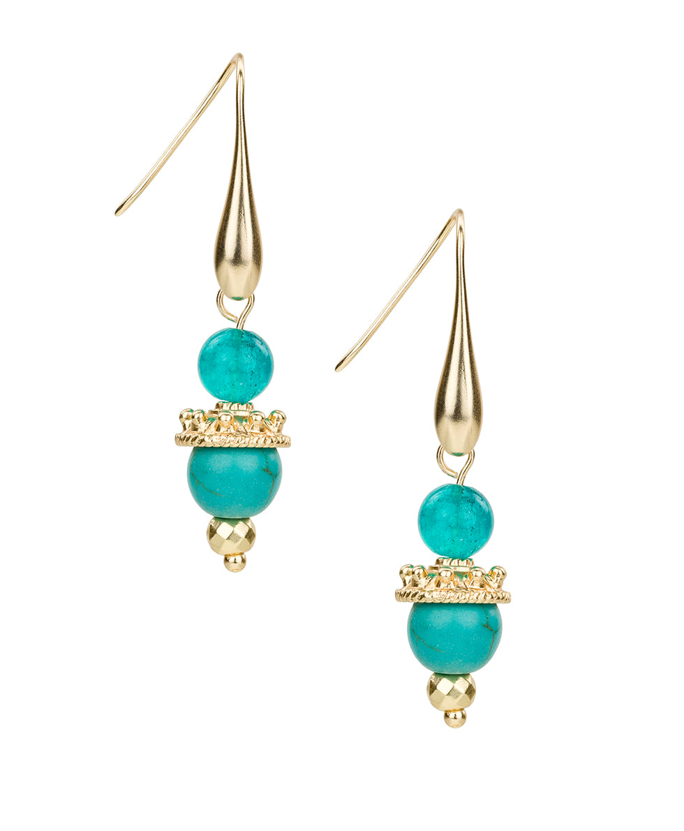 Female - Double Teal Bead Drop Earrings - Eclectic Bead - egyptian gold - by Patricia Nash - View 1 of 2