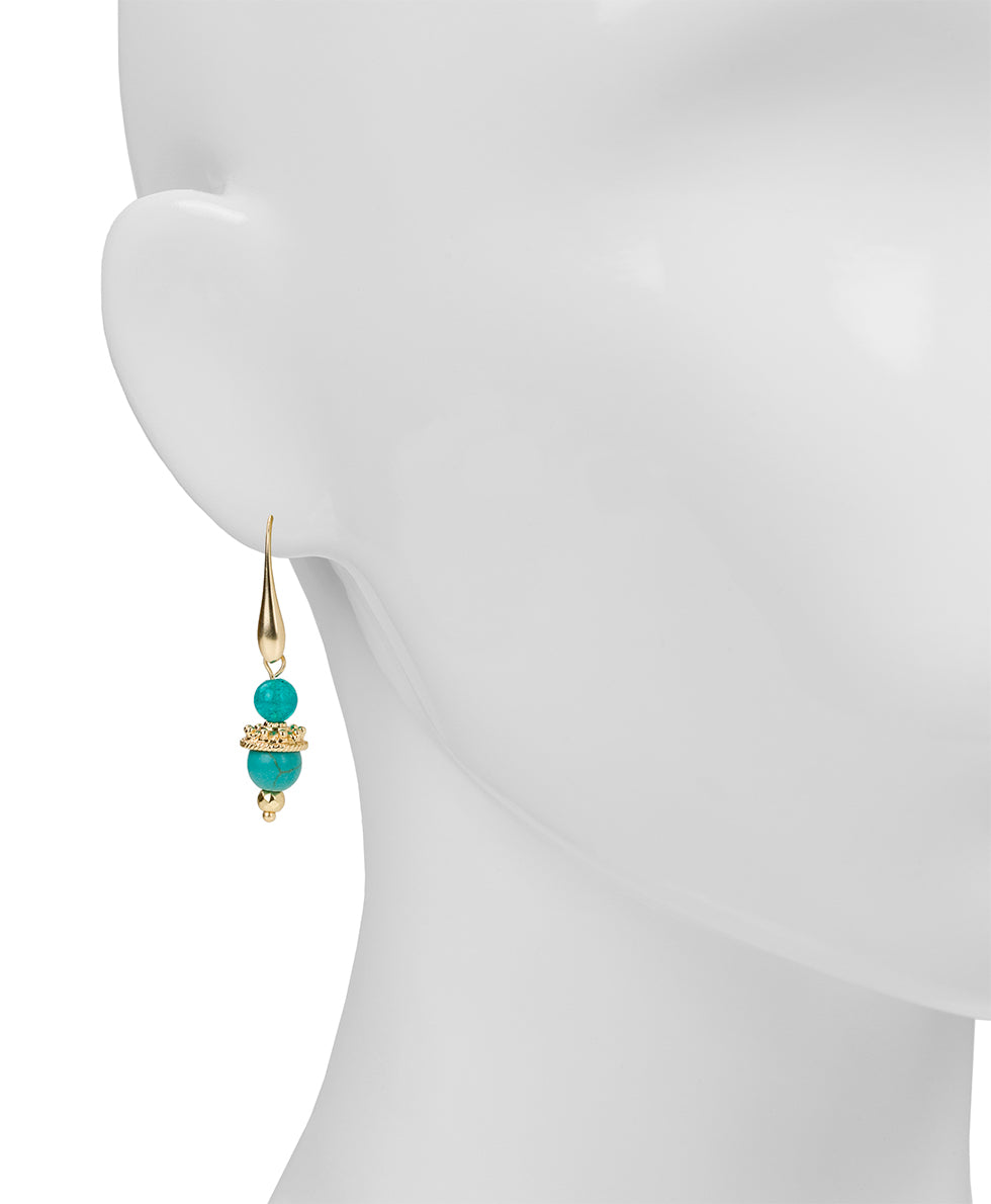 Female - Double Teal Bead Drop Earrings - Eclectic Bead - egyptian gold - by Patricia Nash - View 2 of 2