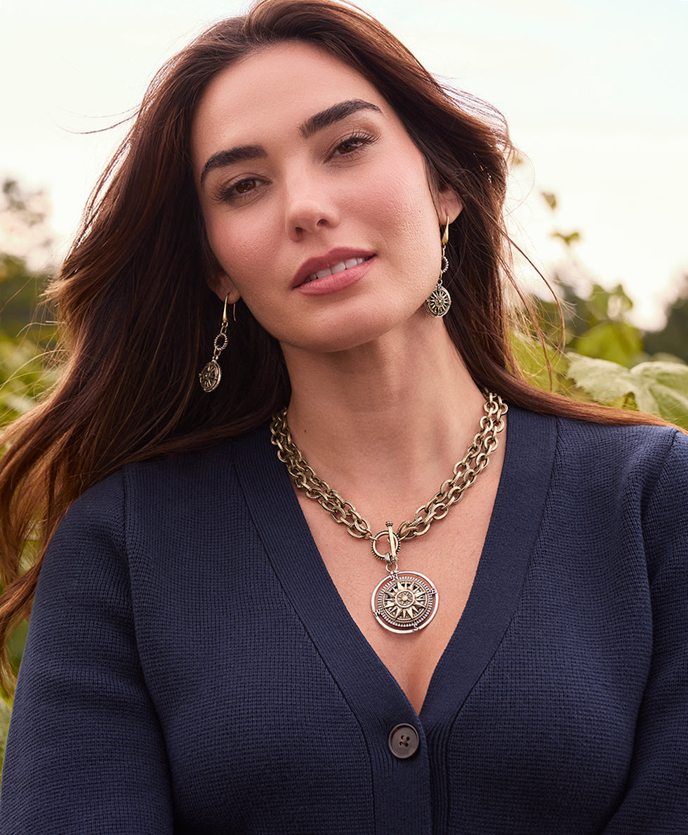 Female - Compass Convertible Necklace - World Traveler - antique gold/silver ox - by Patricia Nash - View 6 of 6