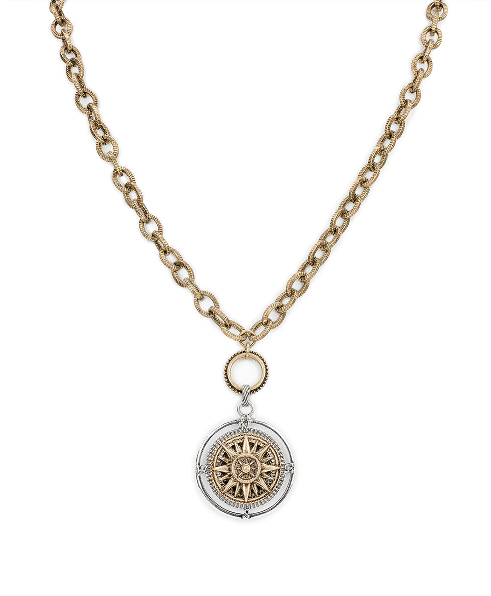 Female - Compass Convertible Necklace - World Traveler - antique gold/silver ox - by Patricia Nash - View 1 of 6