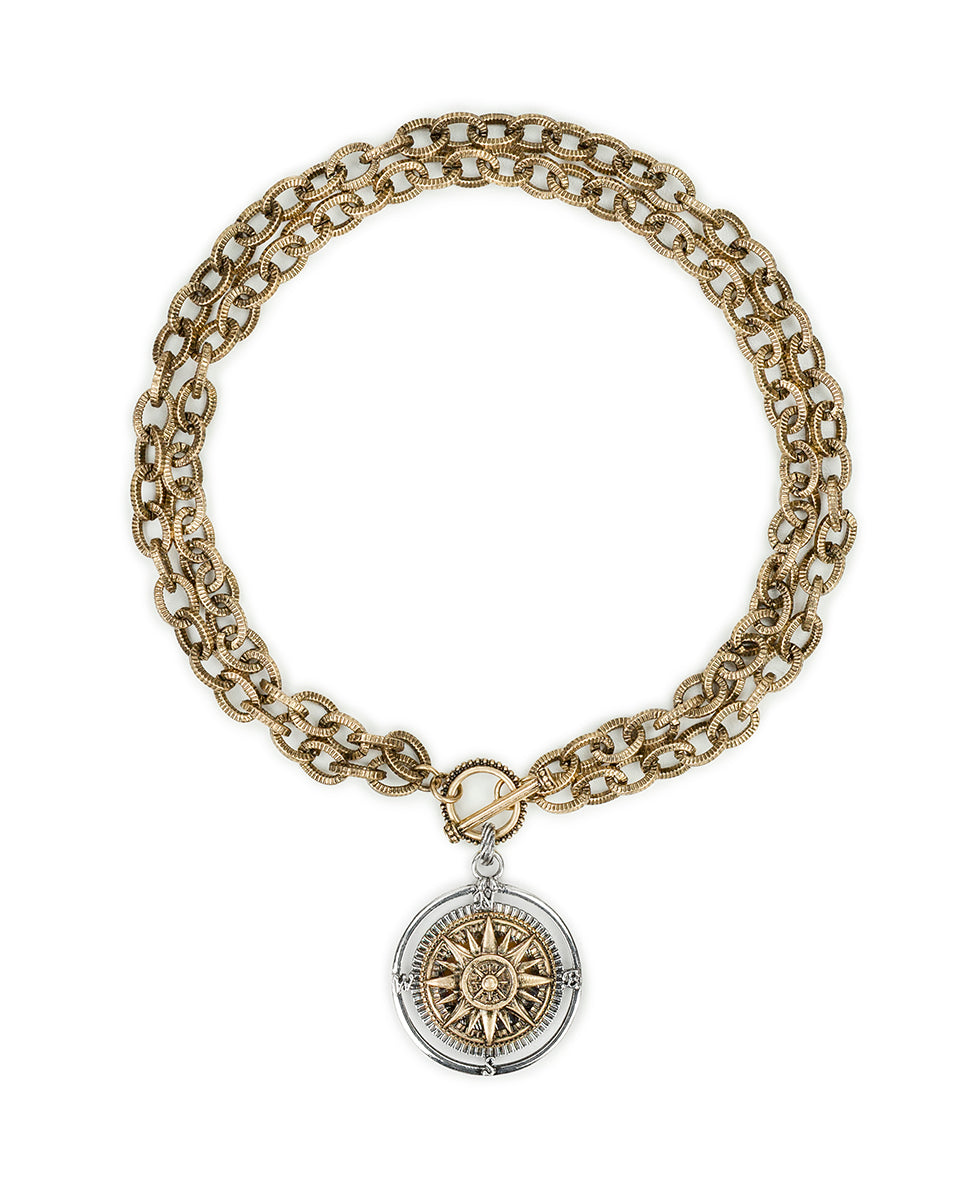 Female - Compass Convertible Necklace - World Traveler - antique gold/silver ox - by Patricia Nash - View 2 of 6