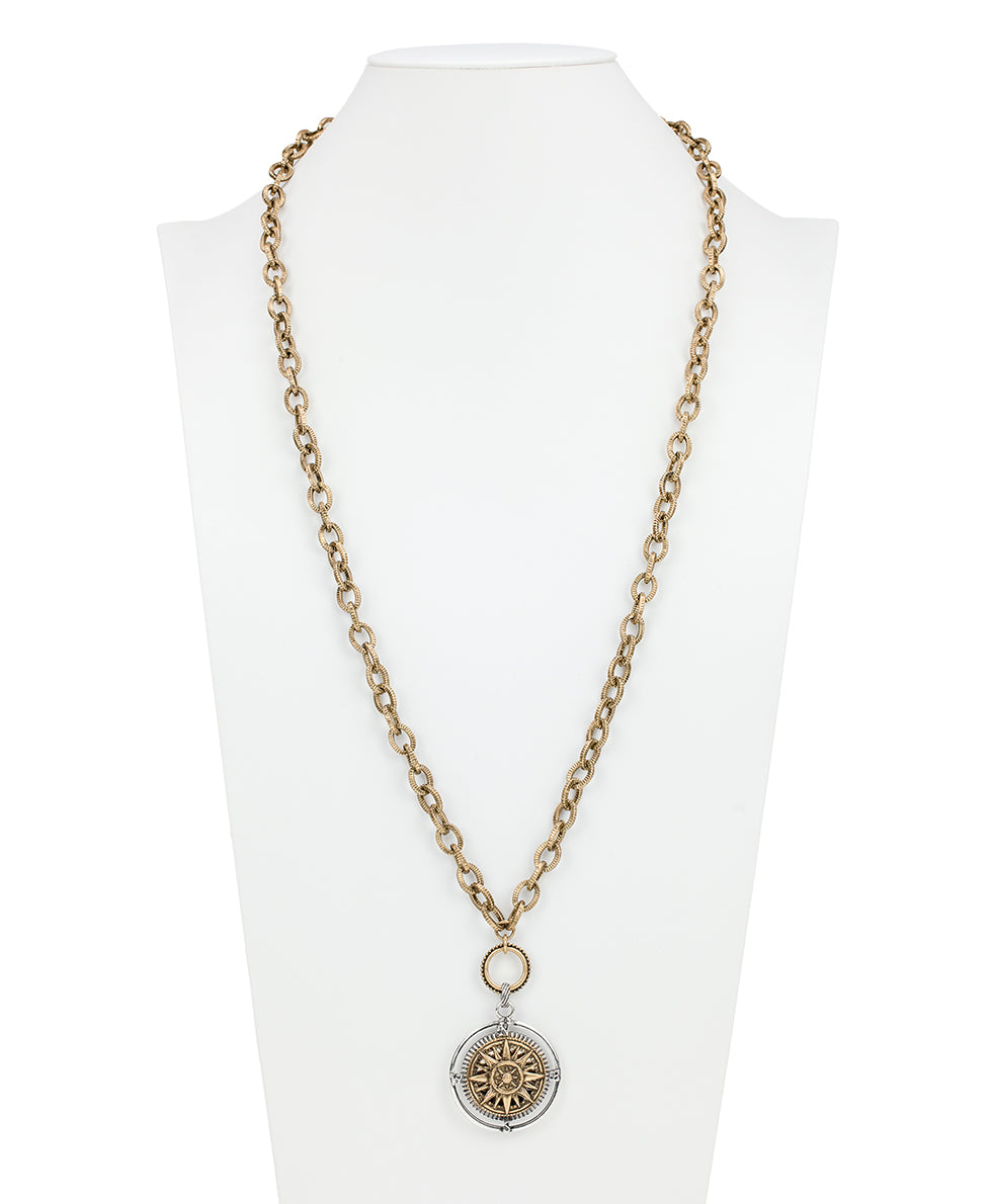 Female - Compass Convertible Necklace - World Traveler - antique gold/silver ox - by Patricia Nash - View 5 of 6