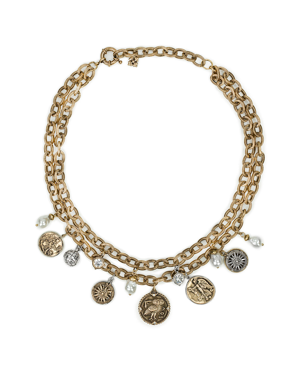 Female - Double Charm Necklace - World Traveler - antique gold/silver ox - by Patricia Nash - View 1 of 3