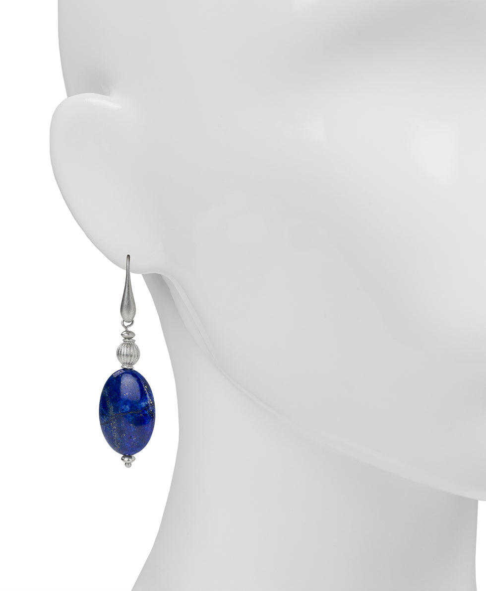 Female - Oval Drop Wire Earrings - Eclectic Bead Collection - worn rhodium / blue - by Patricia Nash - View 2 of 9
