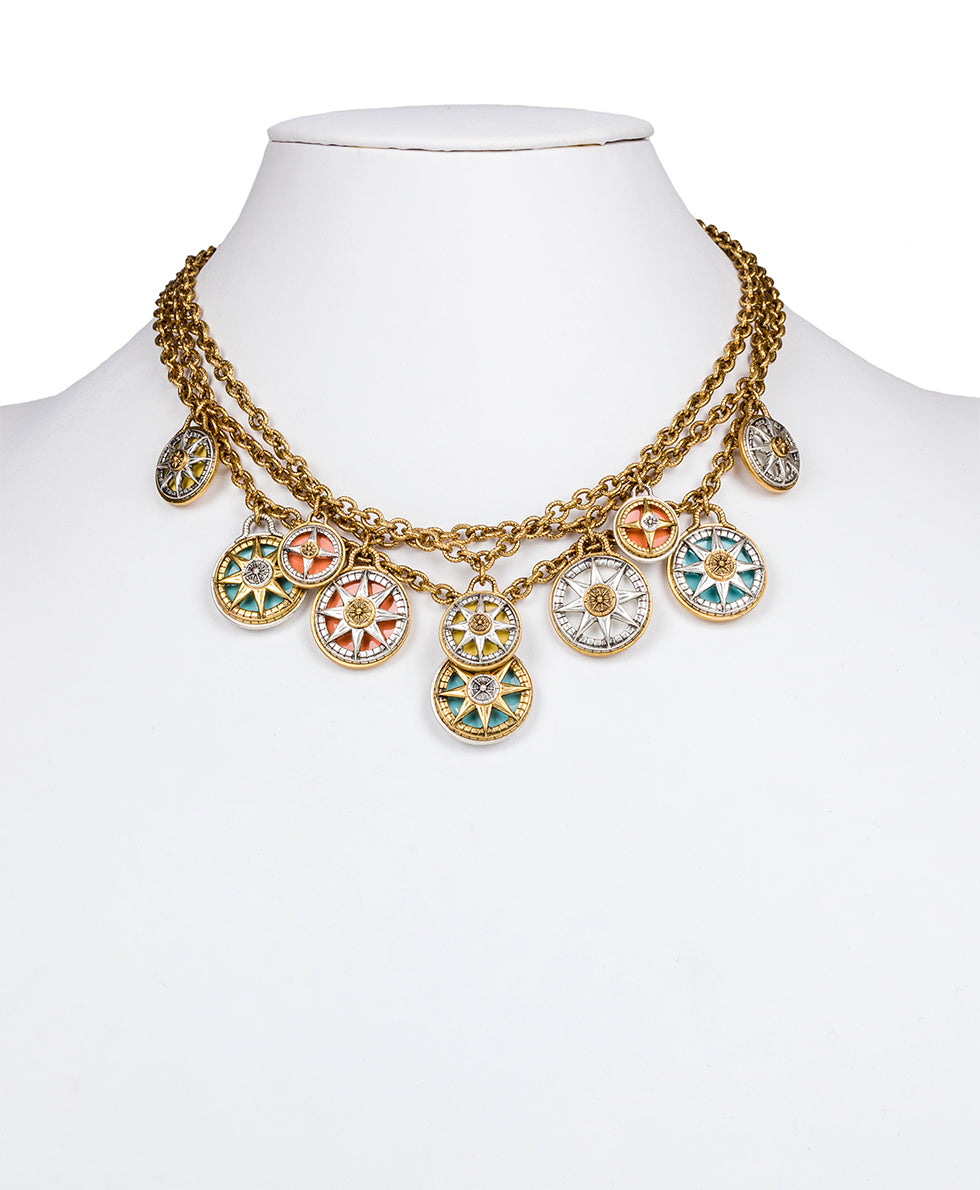 Triple Chain Charm Necklace - Colored Compass - antique gold - by Patricia Nash - View 2 of 6
