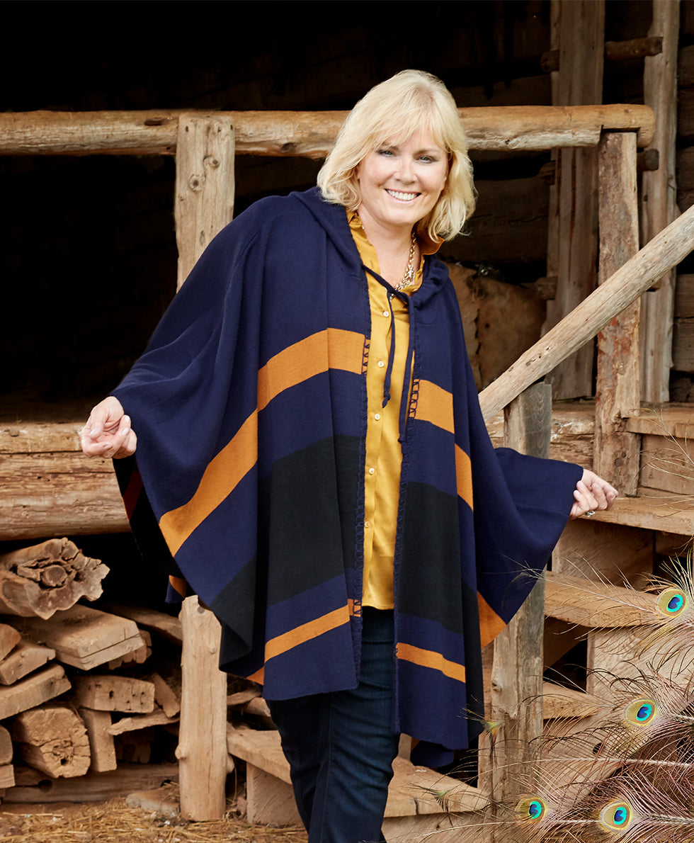 Striped Hooded Cape - Classics - camel/black/chocolate - by Patricia Nash - View 11 of 25