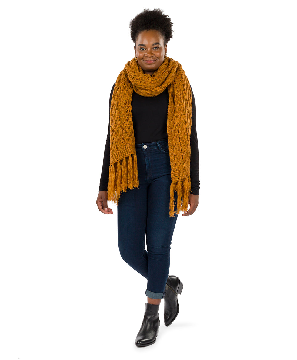 Oversize Cable Knit Scarf - Fringed - camel - by Patricia Nash - View 4 of 30