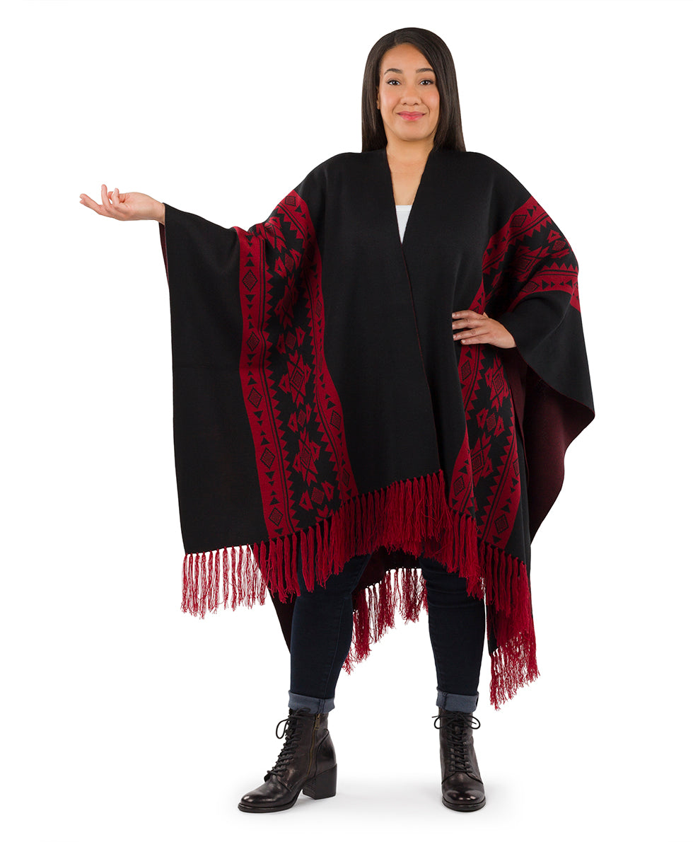 Female - Prairie Shawl - Fringed - black / maroon - by Patricia Nash - View 6 of 16