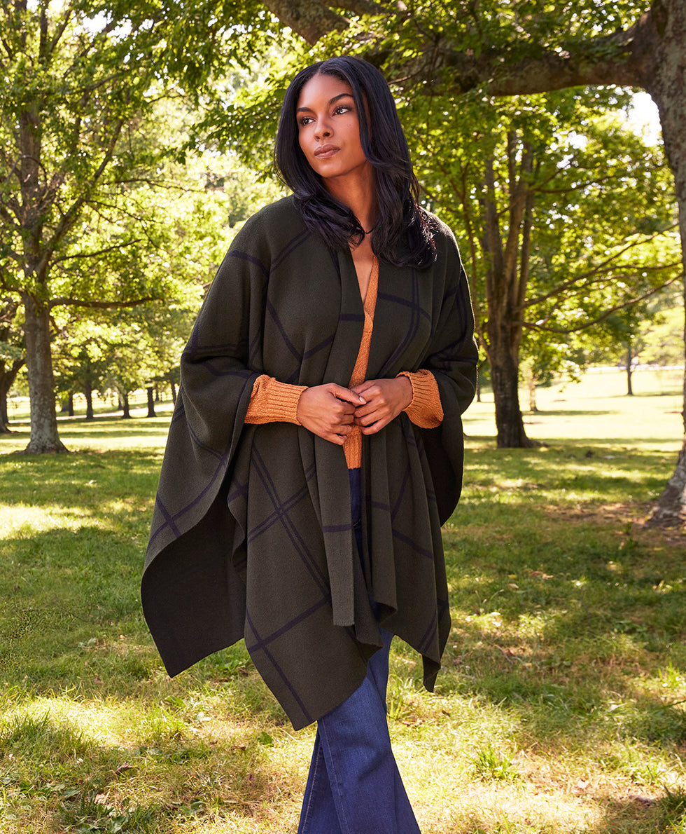 Plaid Cape - Classics - black / dark olive - by Patricia Nash - View 7 of 25