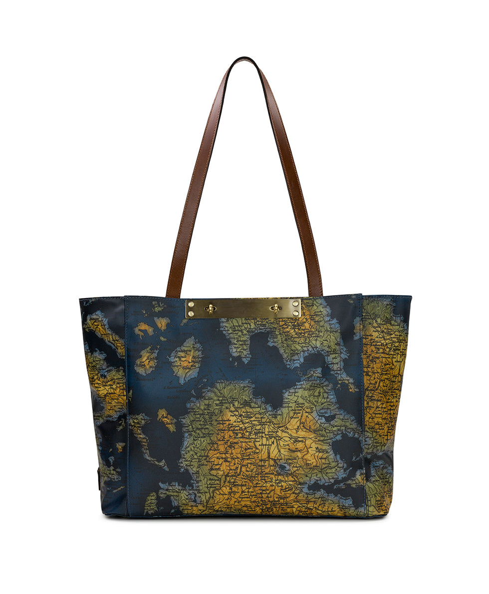 Female - Silvi Travel Tote -  Patina Coated Linen Canvas — Greek Map - greek map - by Patricia Nash - View 1 of 5