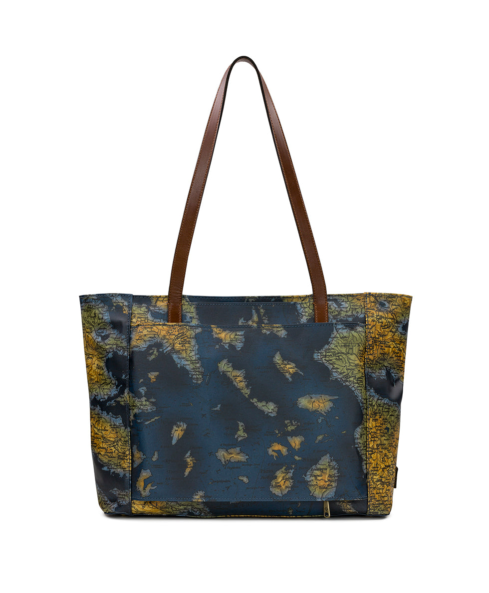 Silvi Travel Tote Patina Coated Linen Canvas — Greek Map