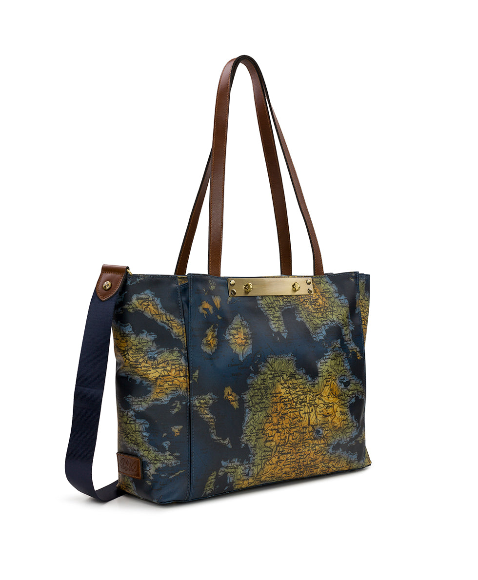 Female - Silvi Travel Tote -  Patina Coated Linen Canvas — Greek Map - greek map - by Patricia Nash - View 3 of 5
