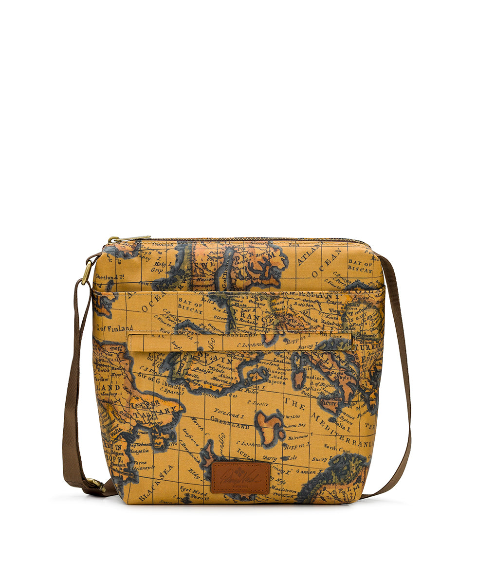 Female - Carmini Crossbody - Patina Coated Linen Canvas — European Map Print - european map - by Patricia Nash - View 1 of 4