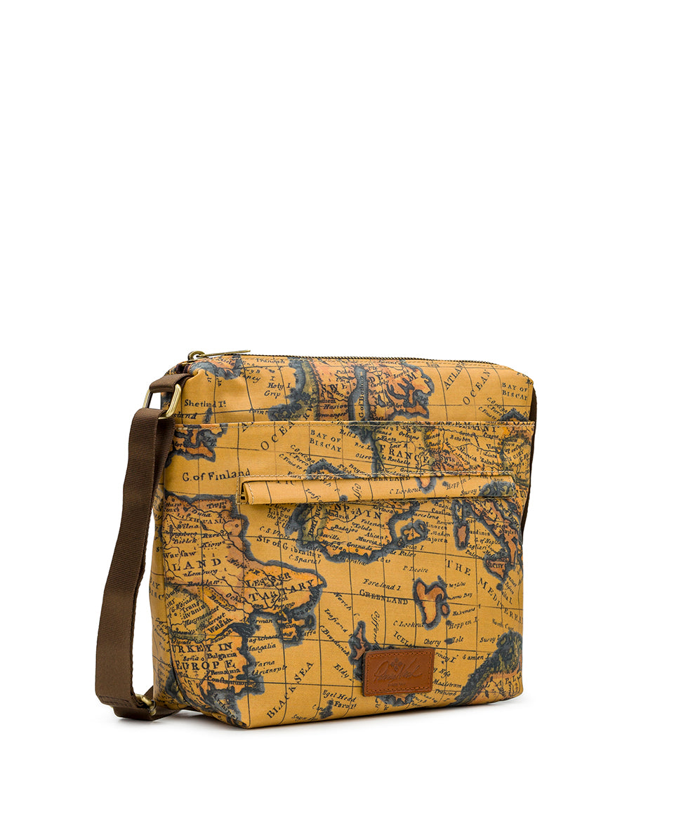 Female - Carmini Crossbody - Patina Coated Linen Canvas — European Map Print - european map - by Patricia Nash - View 3 of 4
