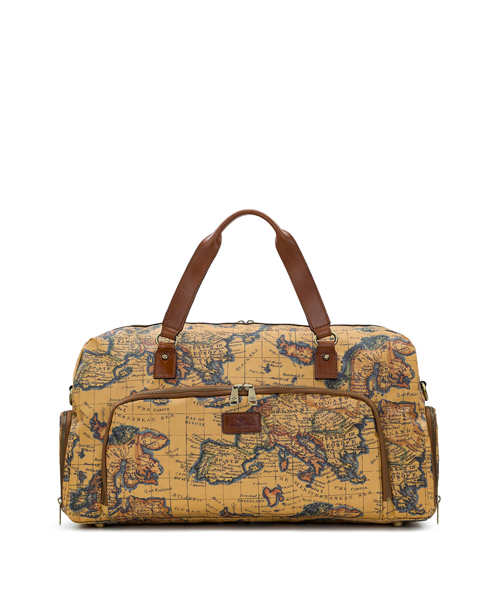 Female - Mandara Overnighter Duffel - Patina Coated Linen Canvas — European Map Print - european map - by Patricia Nash - View 1 of 5