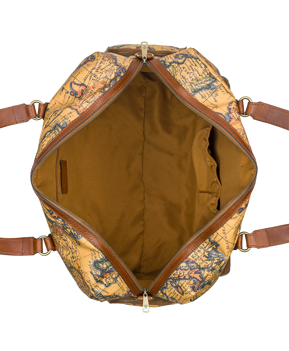 Female - Mandara Overnighter Duffel - Patina Coated Linen Canvas — European Map Print - european map - by Patricia Nash - View 4 of 5