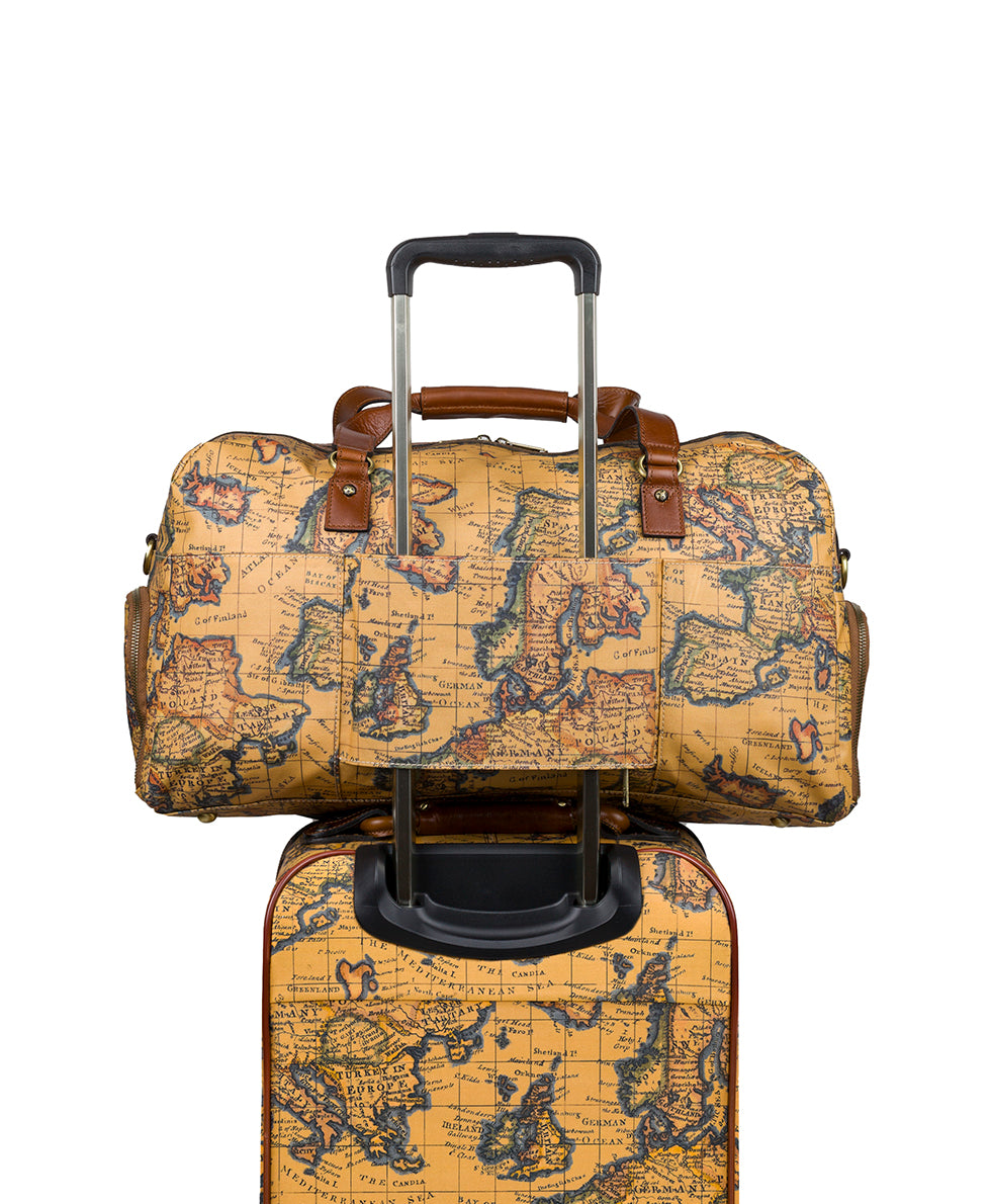 Female - Mandara Overnighter Duffel - Patina Coated Linen Canvas — European Map Print - european map - by Patricia Nash - View 5 of 5