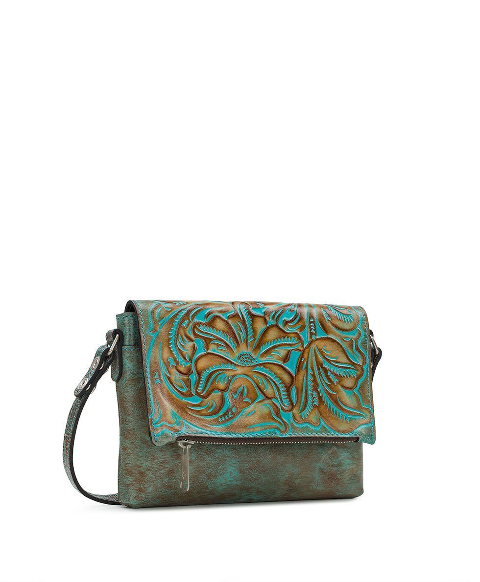 PATRICIA NASH NWT high quality Turquoise/Brown Tooled Leather Slim Crossbody Bag