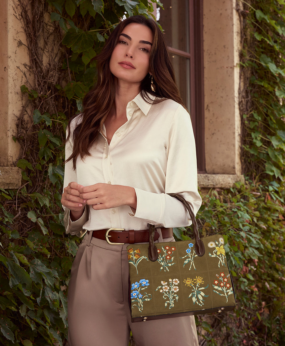 Female - Genovese Satchel - Tuscan Fields Embroidery - khaki - by Patricia Nash - View 5 of 6