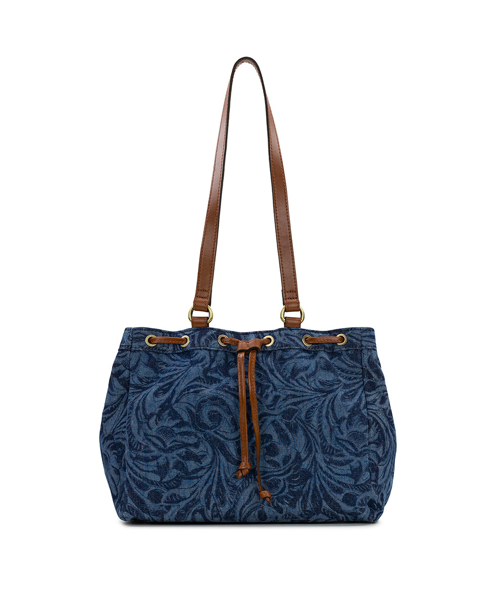Female - Mouliana Drawstring Satchel - Cavo Tooled Denim - denim - by Patricia Nash - View 1 of 5