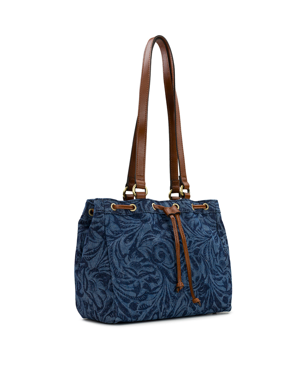 Female - Mouliana Drawstring Satchel - Cavo Tooled Denim - denim - by Patricia Nash - View 3 of 5