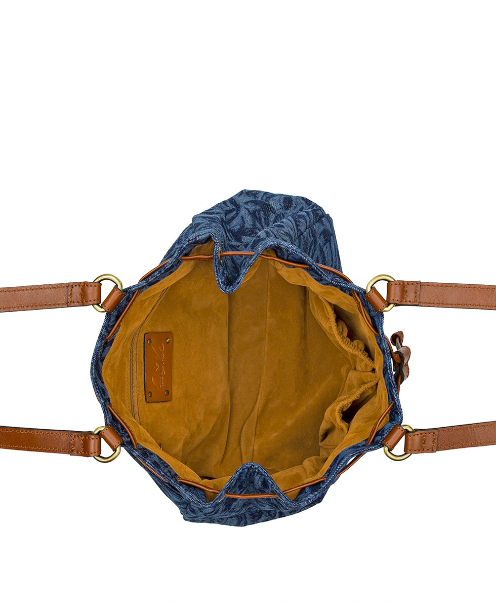 Female - Mouliana Drawstring Satchel - Cavo Tooled Denim - denim - by Patricia Nash - View 5 of 5
