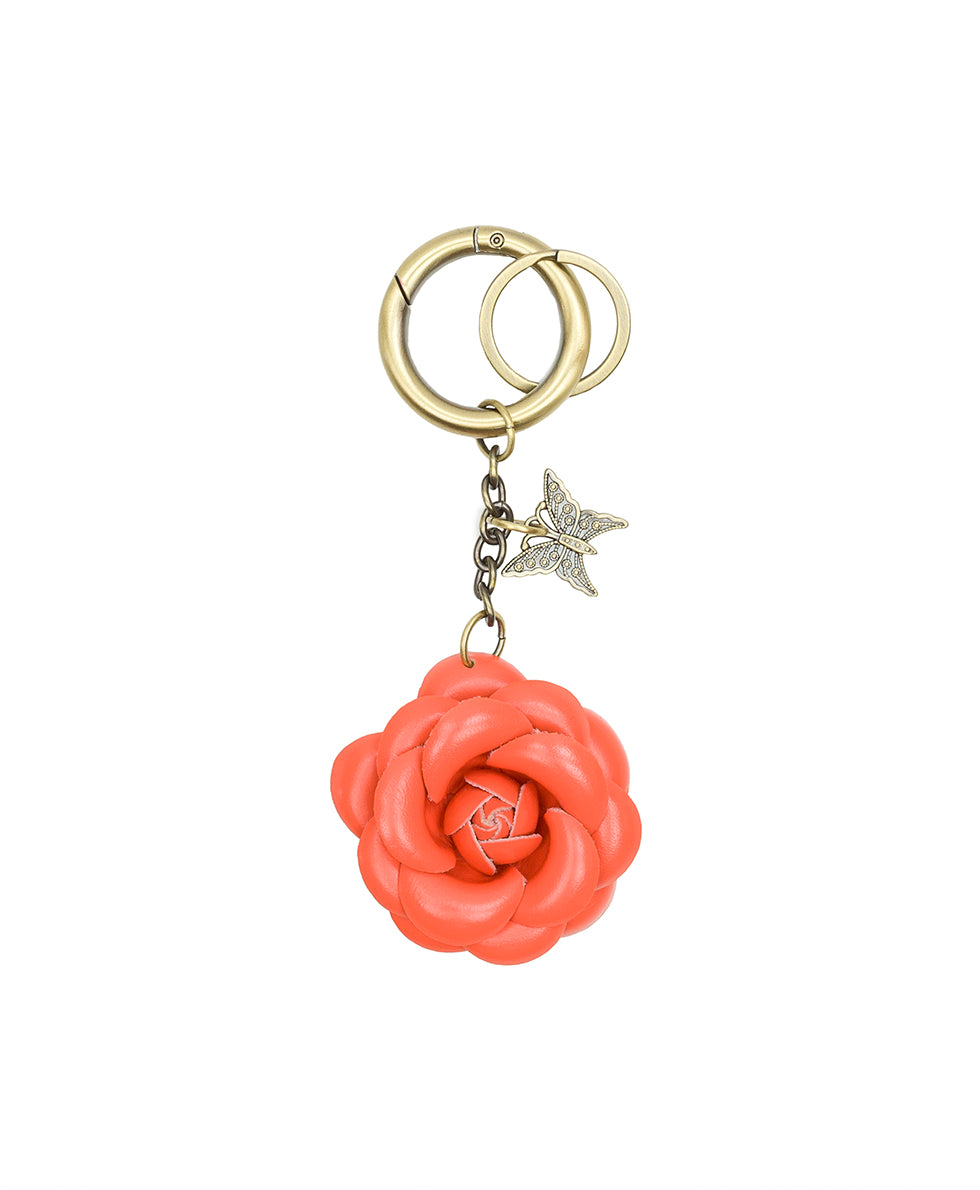 Old Rose Pink Flower Keychain Genuine Leather Handbag Purse Charm Spring  Ring